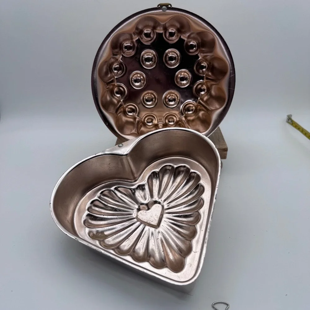 Vintage Copper Aluminum Jello Mold Set Heart Shamrock Bird Fluted 4pc Kitchen